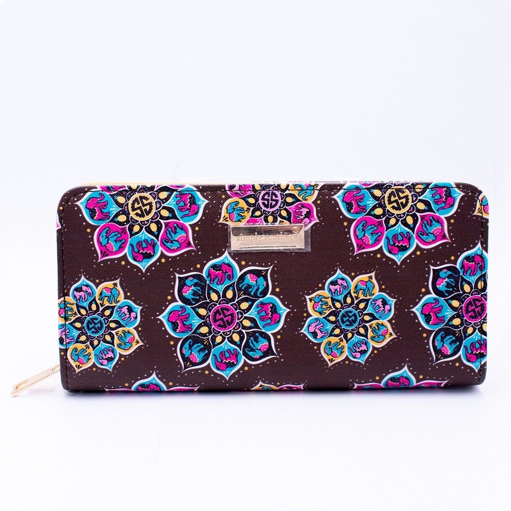 Simply Southern Large Zip Wallet Brown Elephant Mandala Boho Pink Blue